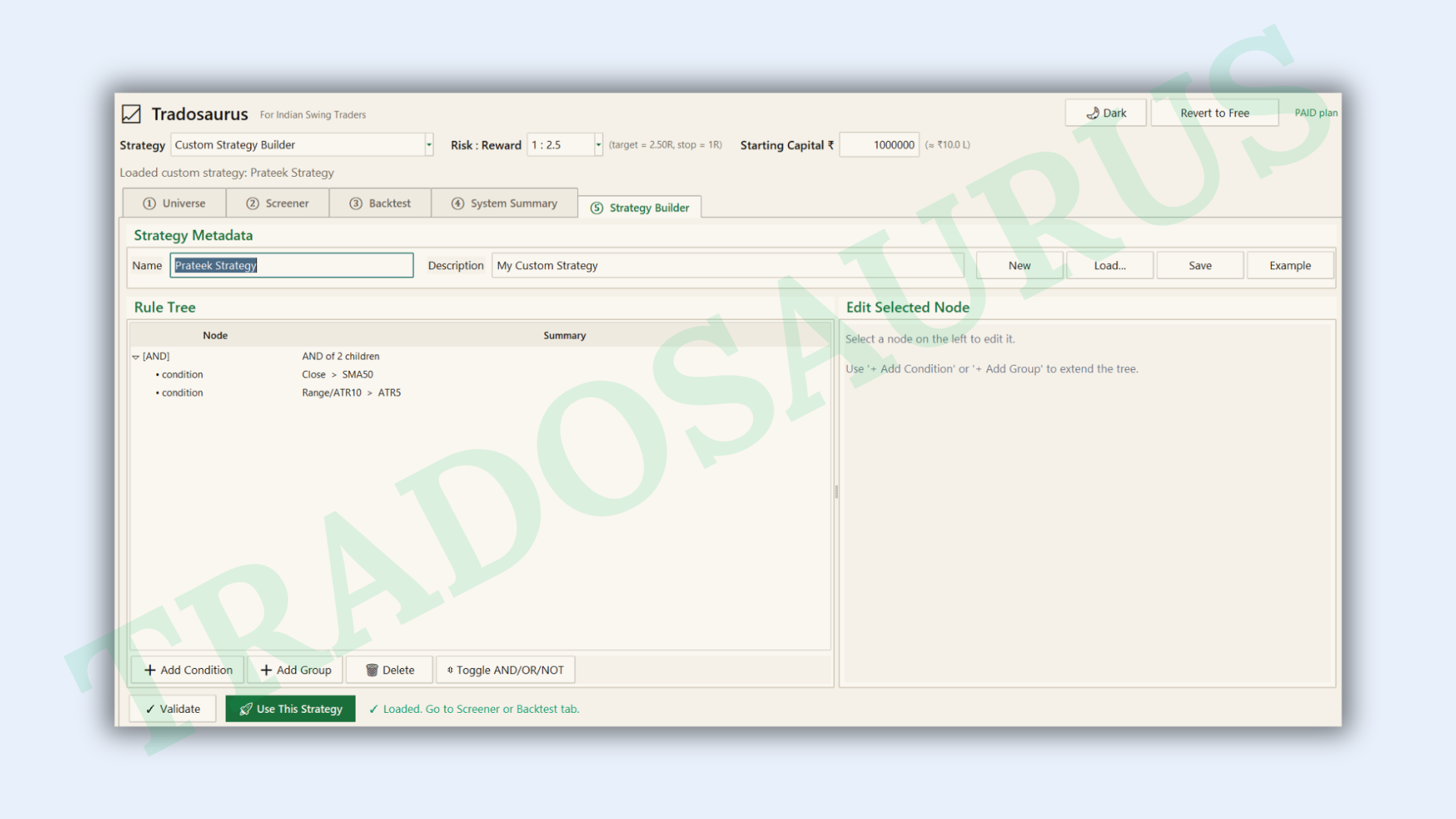 Strategy Builder tab — visual rule editor
