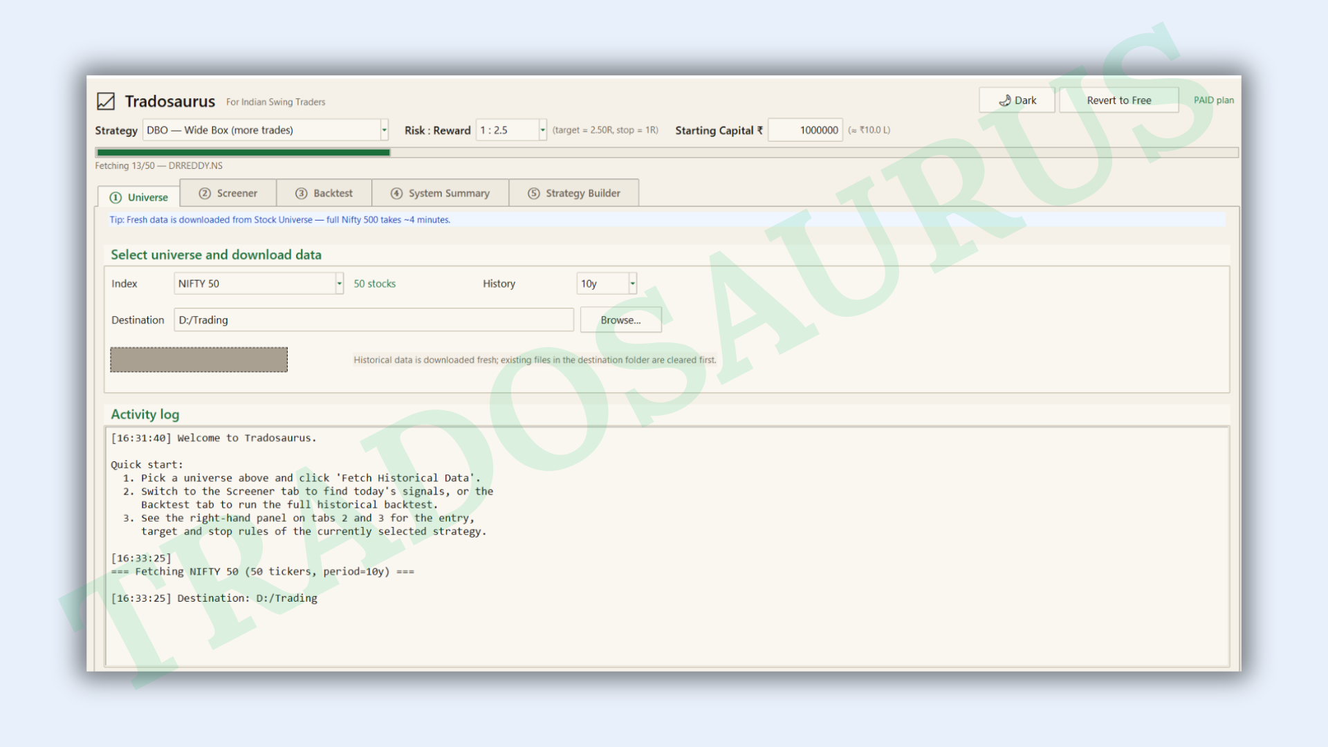 Universe tab — select index and fetch data